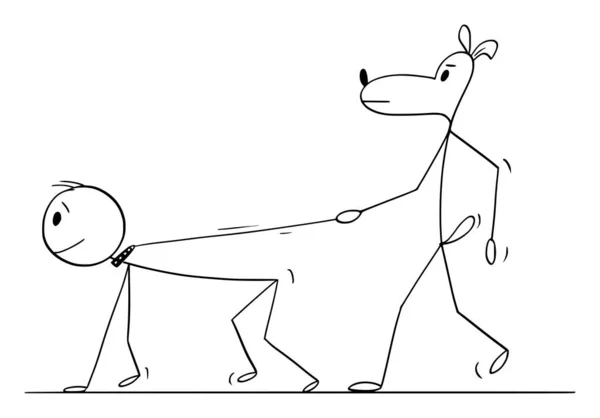 Vector Cartoon Illustration of Dog Walking With Human or Man on Leash or Lead. — 스톡 벡터