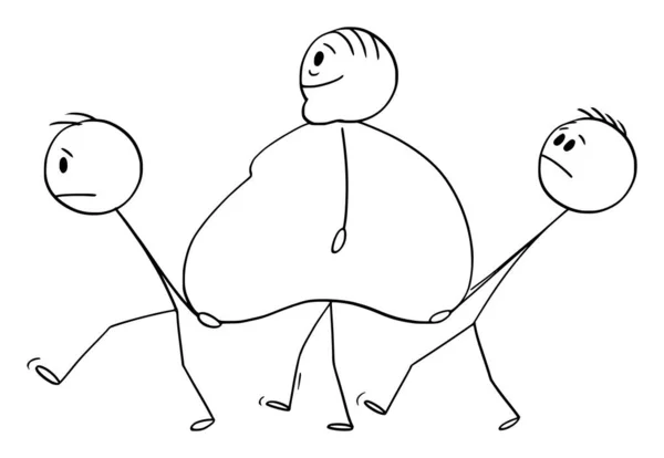 Ilustración de la historieta del vector del hombre gordo del sobrepeso que camina con otros dos hombres que llevan su vientre — Vector de stock