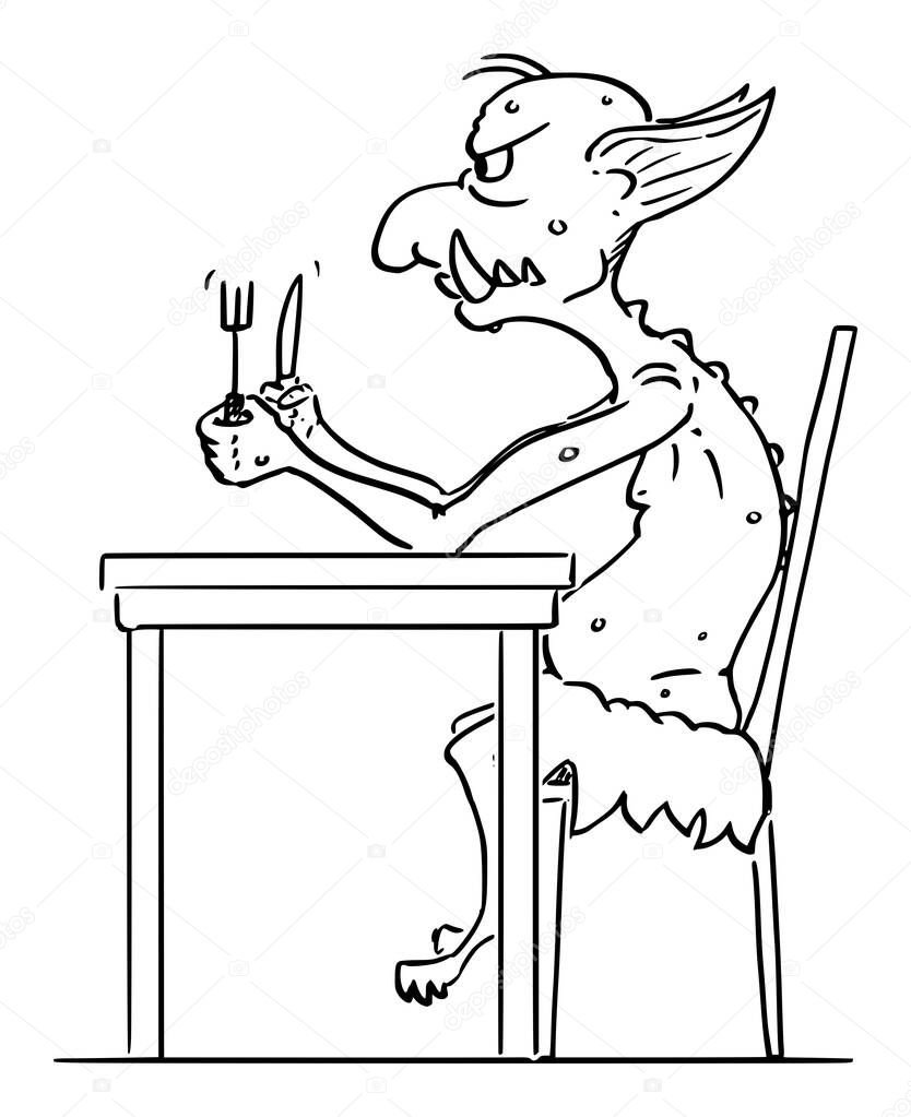 Vector Cartoon Illustration of Internet Troll, Virtual Hater Waiting For the Food. Dont Feed the Troll.