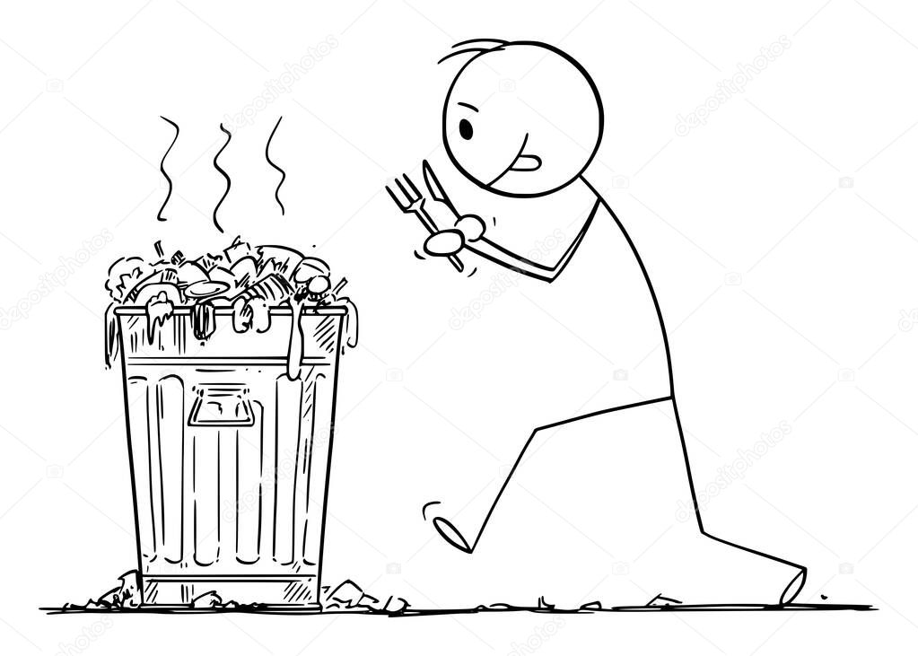 Vector Cartoon Illustration of Hungry Man With Fork and Knife is Going to Eat Junk Food From Garbage Can