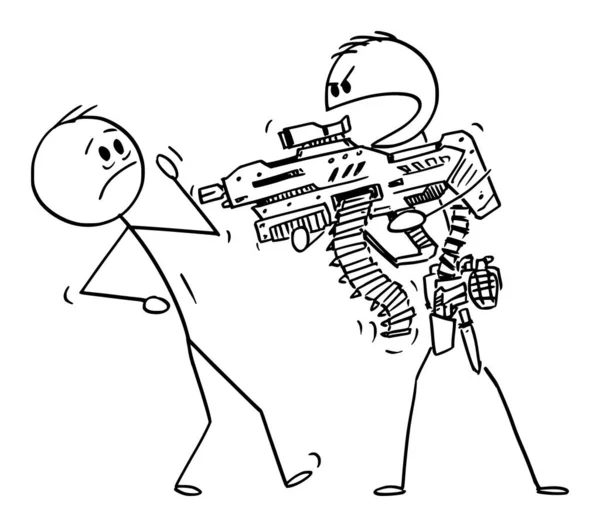 Vector Cartoon Illustration of Heavily Man With Generic Futuristic Weapon Threatening Unarmed Man — Stock Vector