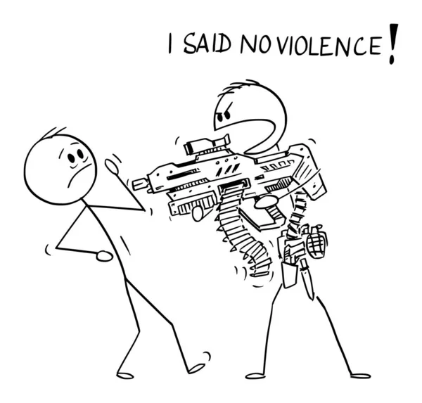 用通用未来主义武器威胁无武装男子并对我说"无暴力"的矢量漫画说明 — 图库矢量图片