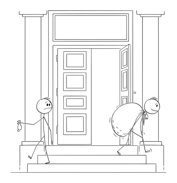 Vector Cartoon Illustration von Geschäftsmann verlässt Bank oder staatliche Institution mit kleinem Beutel oder Geld, während ein anderer Mann große Tasche trägt. — Stockvektor