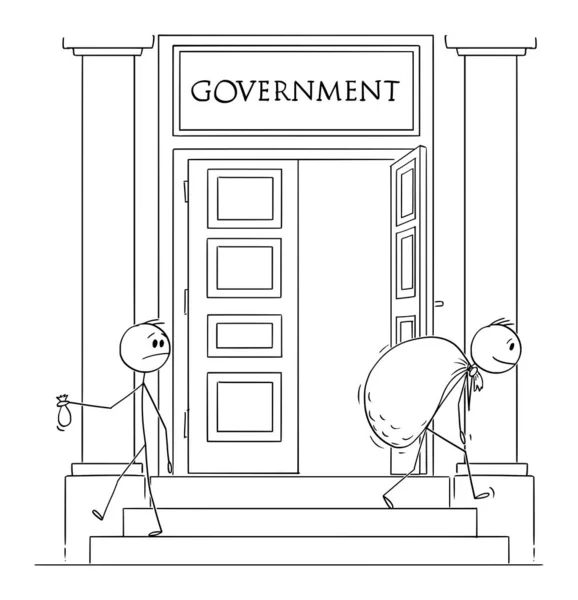 Ilustración de dibujos animados vectoriales de la institución gubernamental del empresario con el bolso pequeño o el dinero, mientras que otro hombre lleva el bolso grande . — Vector de stock