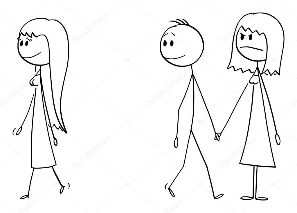 Vector Cartoon Illustration of Couple of Man and Woman or Boy and Girl Walking Together While Man Likes and Watching Another Woman