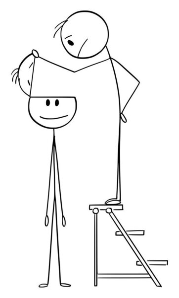 Векторный мультфильм о человеке, заглядывающем внутрь головы другого человека
