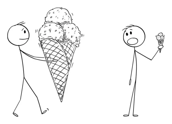 Ilustración de la historieta del vector del hombre que sostiene el cono grande del gofre con el helado, el hombre con el cono pequeño se sorprende — Vector de stock