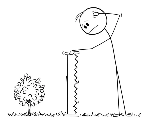Vector cartoon illustratie van verbijsterde man met grote handzaag Kijkend naar kleine jonge plant boom, te klein om te worden gesneden voor brandhout — Stockvector