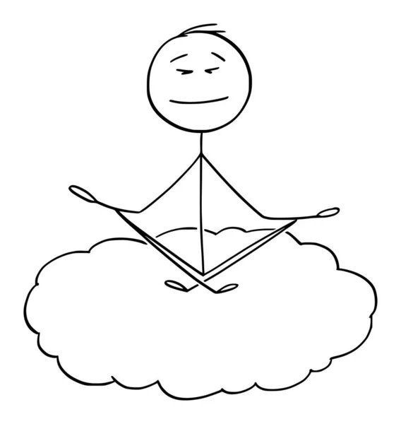 Vector Cartoon Illustration of Man Meditating on Cloud (en inglés). Relajación y concepto de estilo de vida — Archivo Imágenes Vectoriales