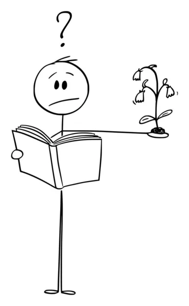 Vector Cartoon Illustration des Menschen oder Wissenschaftlers beim Versuch, unbekannte Pflanzen in Buch oder Herbarium zu finden und zu identifizieren — Stockvektor