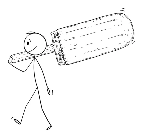小さな棒男のベクトル漫画イラスト保持し、大きなポプシクルや氷のロリーを運ぶ — ストックベクタ