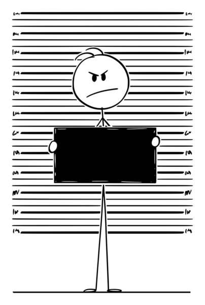 Vector Cartoon Illustration of Mugshot or Mug Shot of Arrested Criminal Holding Empty Table, Placard or Sign and Standing for Police Photo