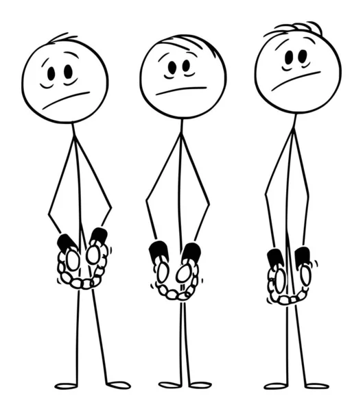 Wektor Cartoon Ilustracja trzech sfrustrowanych mężczyzn lub gangu lub aresztowanych przestępców lub więźniów lub niewolników w łańcuchach z kajdankami lub kajdankami na rękach — Wektor stockowy