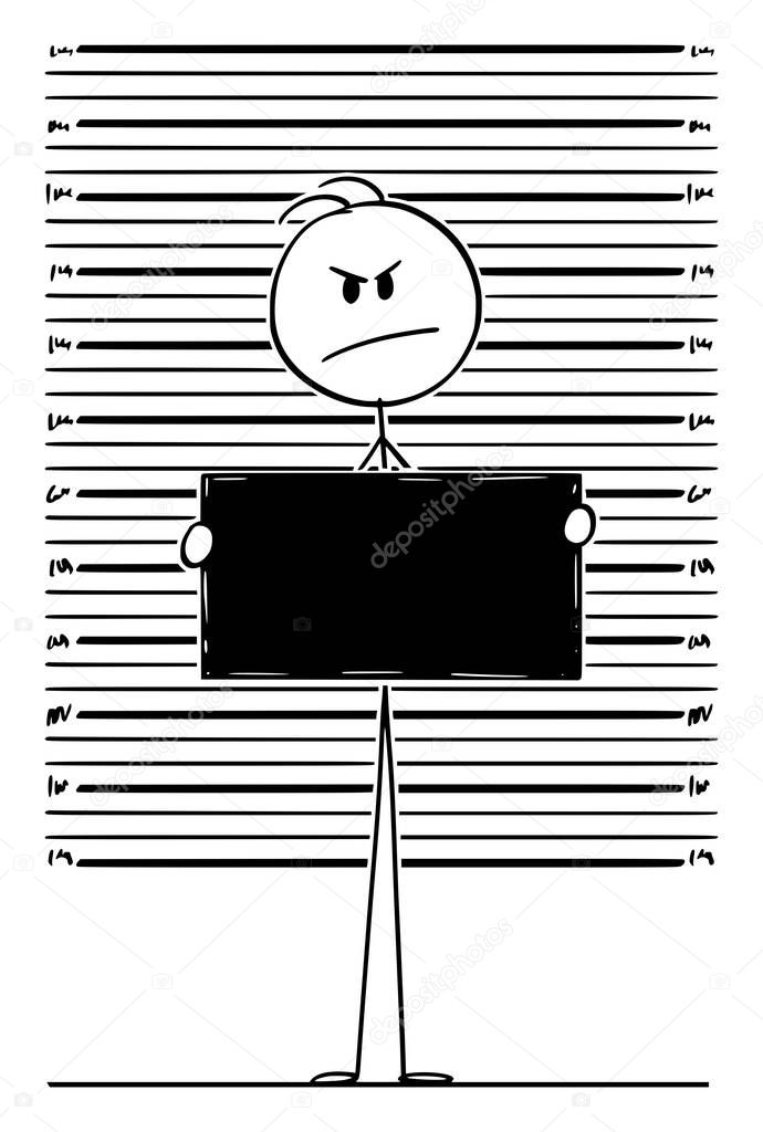 Vector Cartoon Illustration of Mugshot or Mug Shot of Arrested Criminal Holding Empty Table, Placard or Sign and Standing for Police Photo