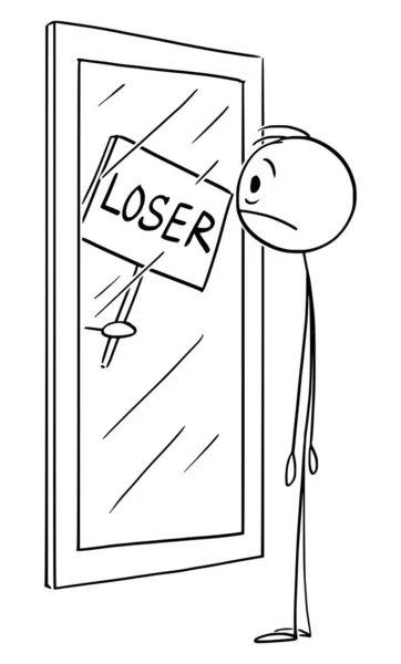 Vector Cartoon Illustration of Frustrated Man With Low Confidence or Self Esteem Looking at Mirror With the Loser sign — 스톡 벡터