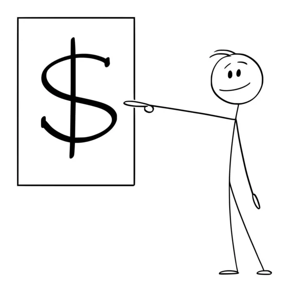 Vector Cartoon Illustration of Smiling Man or Businessman Pointing at Dollar Symbol Sign — Stock Vector