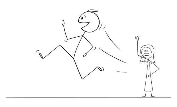 Vector Cartoon Illustration of Happy Smiling Man or Husband Leaving and Running From Woman or Wife — 스톡 벡터