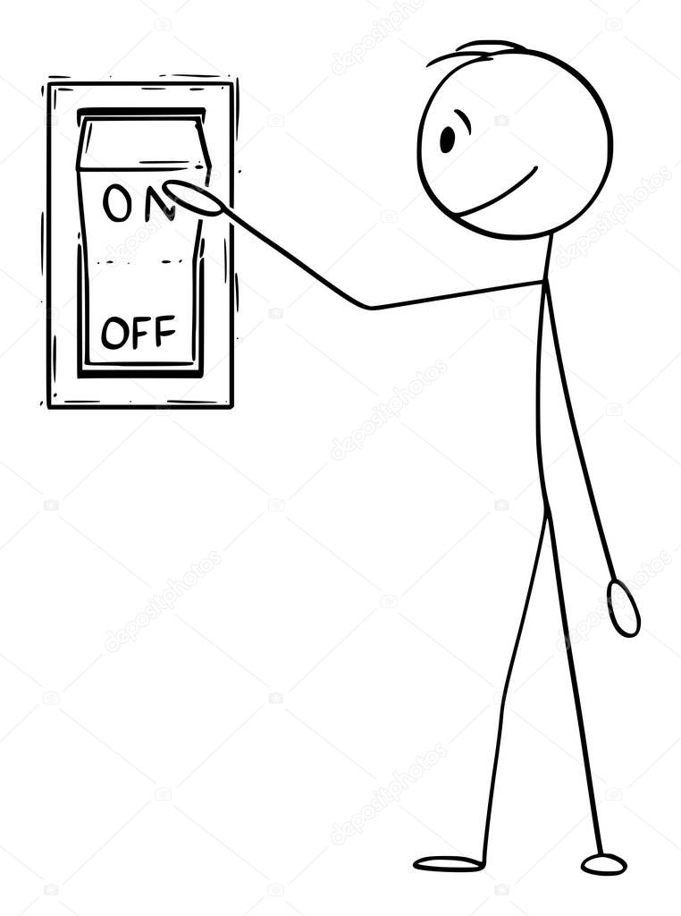 Vector Cartoon Illustration of Man or Businessman Ready to Switch the Push or Press On Off Button