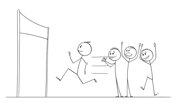 Vector Cartoon Illustration von Mann oder Geschäftsmann, der das Rennen um den Erfolg beendet, Sieg auf der Ziellinie, Menge der Mitarbeiter applaudiert — Stockvektor