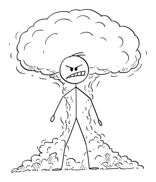 Ilustración de dibujos animados vectoriales del hombre enojado, furioso y furioso que expresa su emoción con la explosión atómica nuclear en segundo plano — Archivo Imágenes Vectoriales