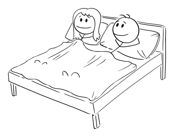 Vector Cartoon Illustration of Happy Heterosexual Couple of Man and Woman Lying Together in Bed in Bedroom — Stock Vector
