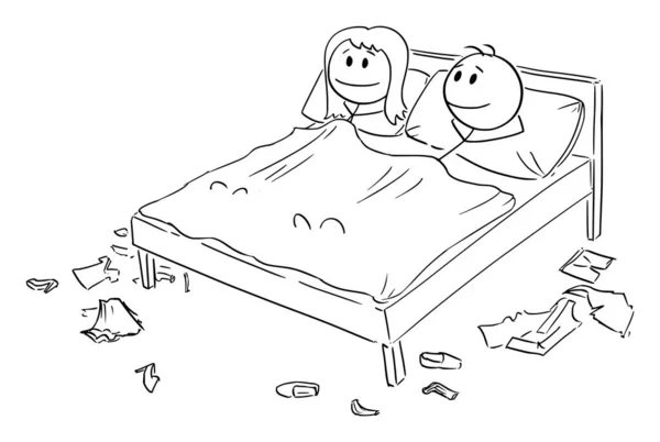 Ilustración de dibujos animados vectoriales de feliz pareja heterosexual de hombres y mujeres acostados juntos en la cama en el dormitorio después del sexo — Vector de stock