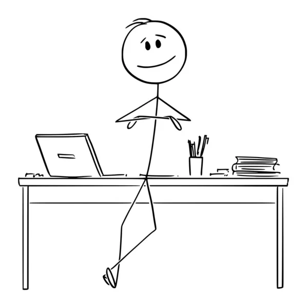 Vector Cartoon Illustration of Happy, Successful Confident Man or Businessman Leaning Towards Office Desk With Arms Crossed Vector Graphics