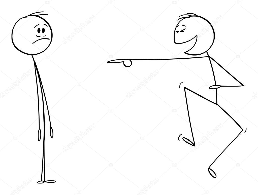 Vector Cartoon Illustration of Man or Businessman Laughing to Another Man Coworker. Concept of Ridicule or Mockery on Workplace