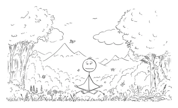 Vetor Desenhos Animados Ilustração do Homem Meditando Rodeado pela Natureza, Floresta, Plantas, Flores, Aves e Borboletas —  Vetores de Stock