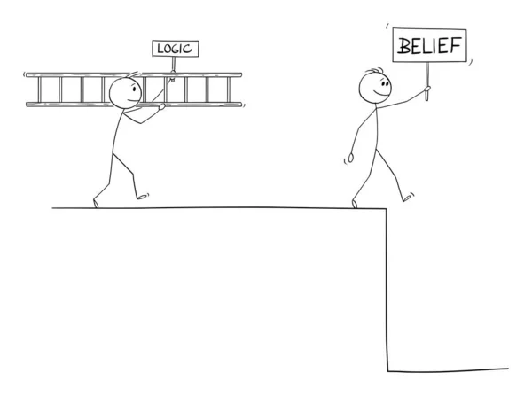 Illustration vectorielle de bande dessinée de l'homme avec la croyance espérant dans l'aide de la puissance supérieure, de la prédestination ou de la chance, homme logique intelligent à la recherche d'une solution au problème — Image vectorielle