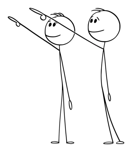Vector cartoon illustratie van twee mannen of zakenmensen wijzen en tonen of presenteren iets hoog of ver — Stockvector