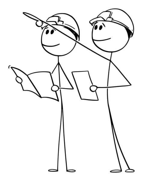 Ilustración de dibujos animados vectoriales de dos trabajadores de la industria de la construcción o ingenieros en cascos que estudian planes y señalan detalles de edificios — Archivo Imágenes Vectoriales