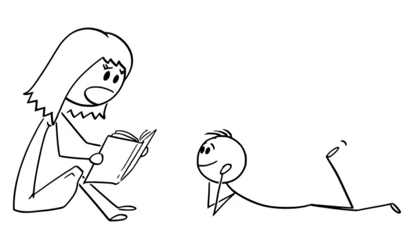 Ilustración de dibujos animados vectoriales de madre o padre leyendo el libro a su hijo o niño — Archivo Imágenes Vectoriales
