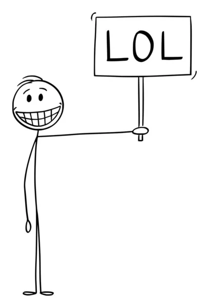 Εικονογράφηση Vector Cartoon του χαμογελώντας χαρούμενος άνθρωπος δείχνει θετικά συναισθήματα και κρατώντας LOL σημάδι. Γελάς δυνατά. — Διανυσματικό Αρχείο