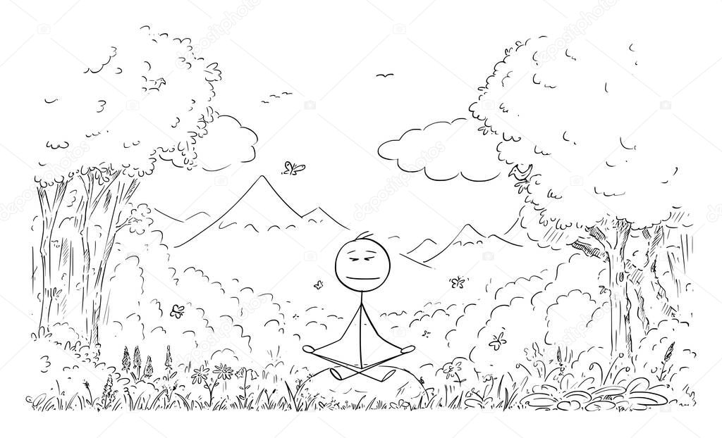 Vector Cartoon Illustration of Man Meditating Surrounded by Nature, Forest, Plants, Flowers, Birds and Butterflies