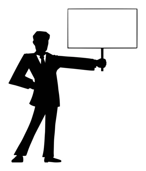 Vektor Illustration Schwarze Silhouette des Mannes im Anzug oder Geschäftsmann hält leeres Schild für Ihren Text bereit — Stockvektor