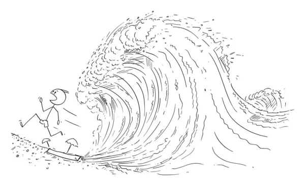 Dessin animé vectoriel Illustration de l'homme ou du touriste sur la plage ou le rivage fuyant la grande vague océanique ou le tsunami — Image vectorielle