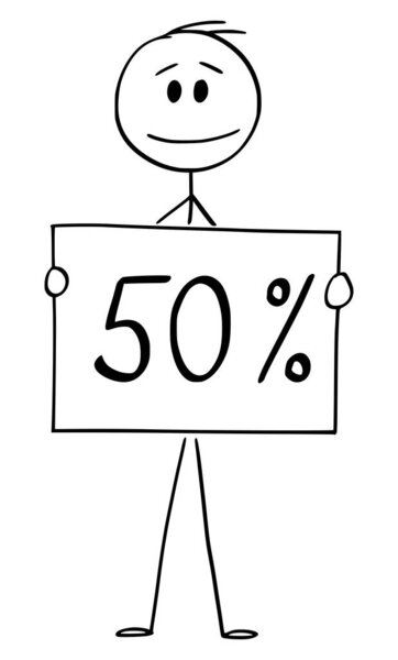Vector Cartoon Illustration of Man or Businessman holding 50 or Fifty Percent Sign