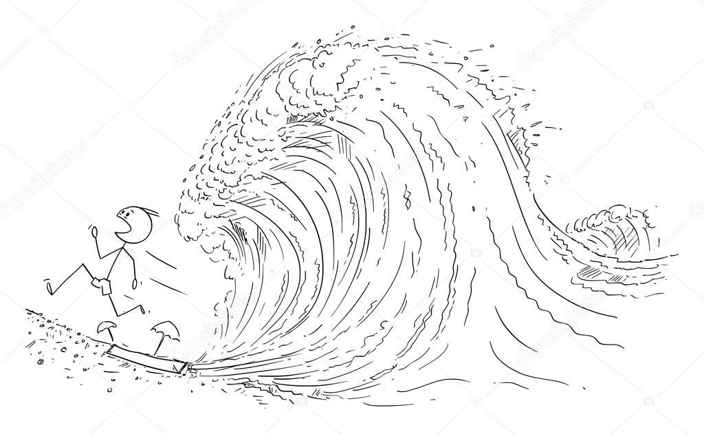 Vector Cartoon Illustration of Man or Tourist on Beach or Shore Running Away From the Big Ocean Wave or Tsunami