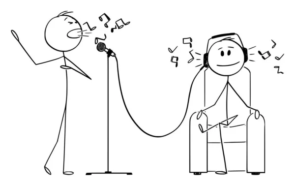 Vector Cartoon Illustration of Man Setting in Chair With Headphone Hearing Singer Sing For Him. 음악과 즐거움에 대한 개념 — 스톡 벡터