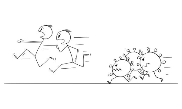 Vector Cartoon Illustration einer Gruppe von Männern oder Menschen, die in Panik davonlaufen, Coronavirus Covid-19 Viren jagen ihnen hinterher. Epidemie und Gesundheitskonzept — Stockvektor