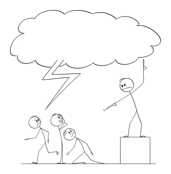 Vector Cartoon Illustratie van Hellevuur, Apocalyps en Zwavel Prediker of Priester prediking aan groep mensen, Storm Cloud boven Hen — Stockvector