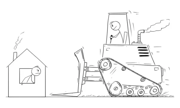 Ilustração dos desenhos animados do vetor do bulldozer que se move para demolir a casa pequena da família —  Vetores de Stock
