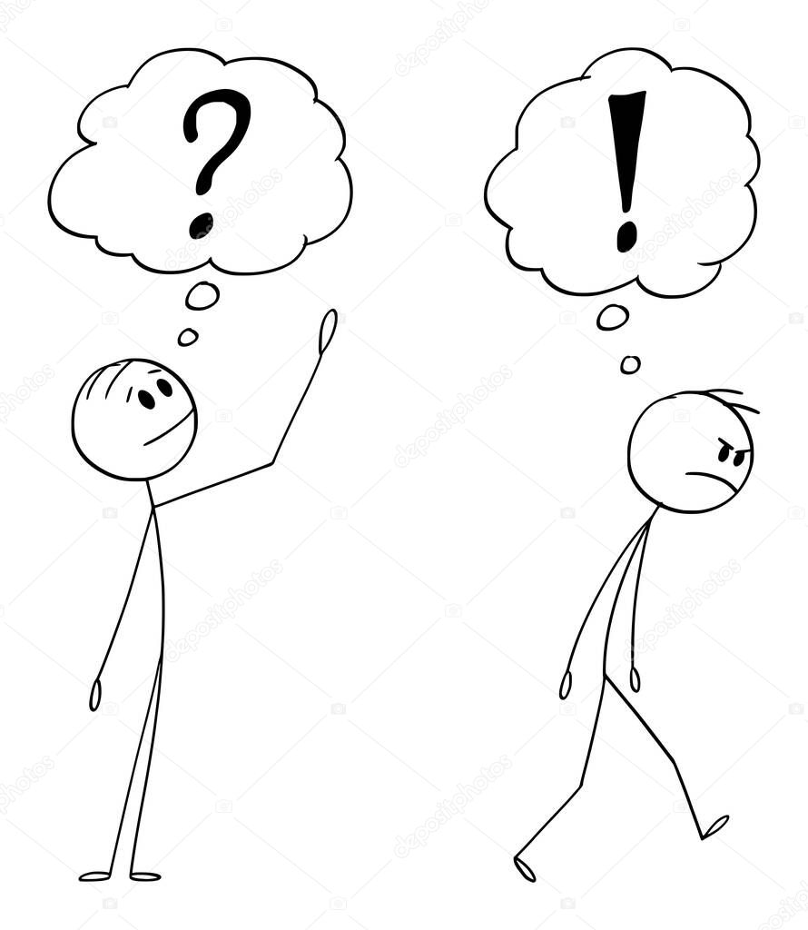 Vector Cartoon Illustration of Man or Businessman Asking Philosophical Question, Looking For Answer or Problem Solution, Another Man is Leaving Angry