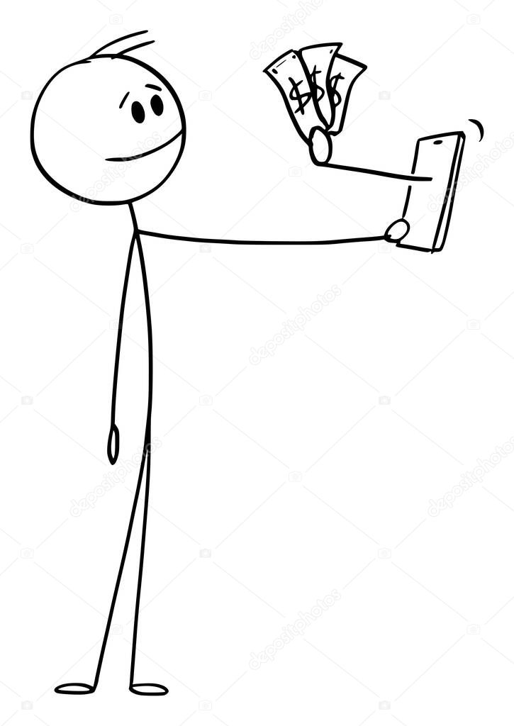 Vector Cartoon Illustration of Man or Businessman Holding Mobile Phone, Hand Sticking Out Of The Device Is Giving Him Money