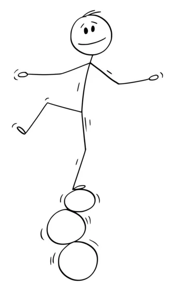 Vector Cartoon Illustratie van Man of zakenman Balancing op drie ringen, ballen of stenen — Stockvector