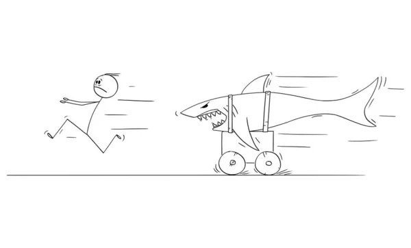 Vektor-Karikatur zeigt einen Mann, der in Angst und Panik vor einem gefährlichen Hai auf einem Karren davonläuft. — Stockvektor