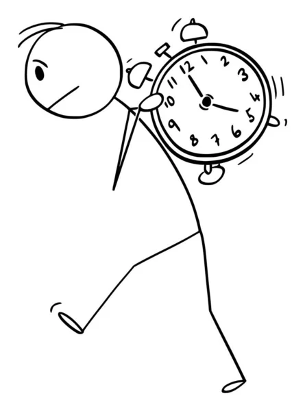 Vector Cartoon Illustration of Man Cartoon Illustration on His Back Heavy Alarm Clock. 시간 관리에 대한 개념과 깨어나는 일 — 스톡 벡터