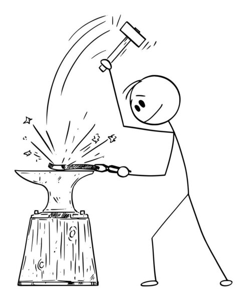 Vector Cartoon Illustration of Blacksmith or Smith Working at Forge, Hammering Metal on Anvil.