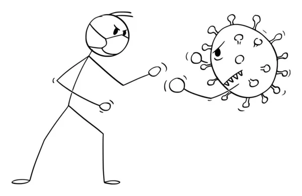 Vector Cartoon Illustration von Mann, Arzt oder Boxer, die Gesichtsmaske tragen und mit dem Coronavirus Covid-19-Virus kämpfen. — Stockvektor